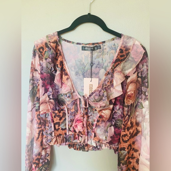 Missguided Floral Leopard Chiffon Milkmaid Top - Picture 2 of 6